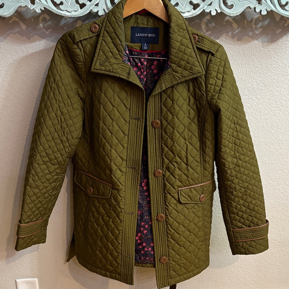 Lands' End Quilted Khaki Jacket with Floral Lining